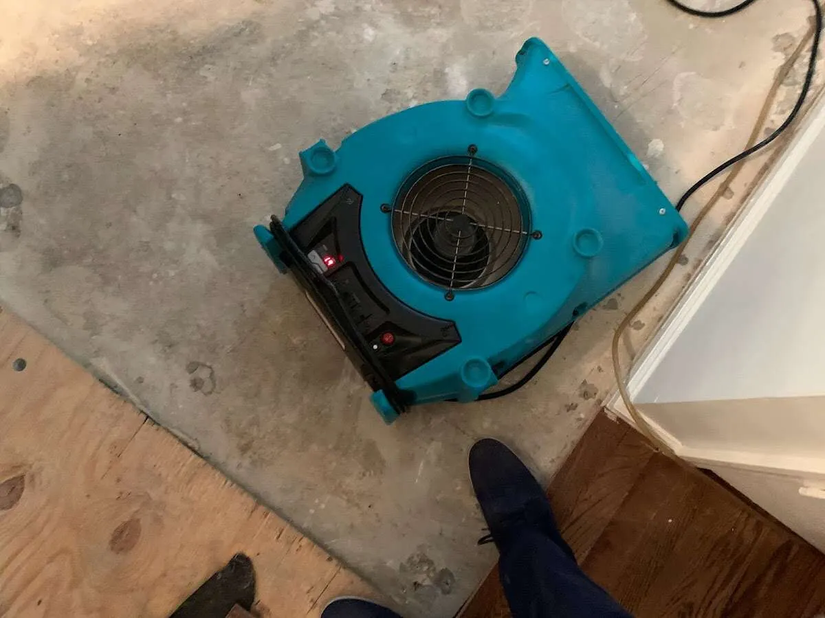 Air mover drying subfloor during Commercial Water Damage Restoration in Luling
